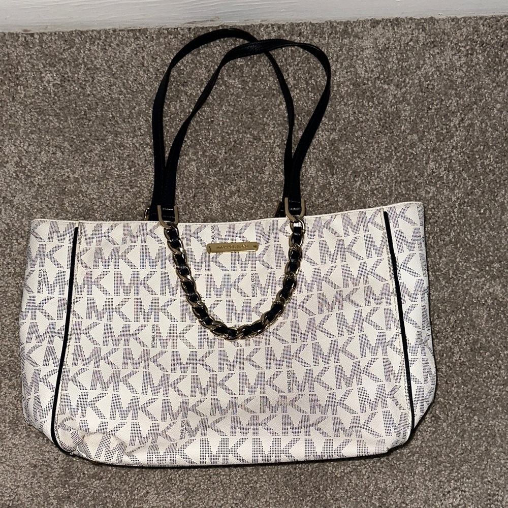 Michael Kors White and Navy Signature Tote